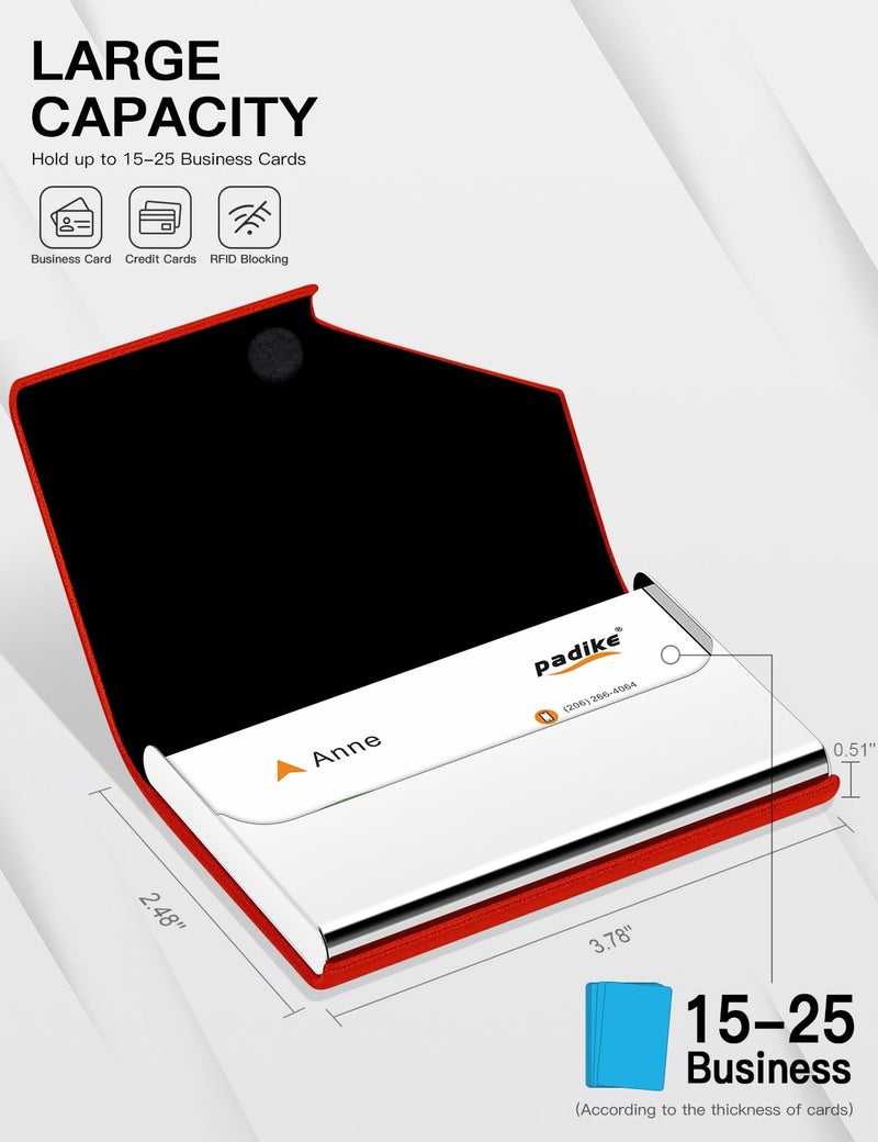 Padike Business Card Holder, PU Leather & Stainless Steel Multi Card Case for Men & Women, Name Card Holder, Credit Card Wallet, ID Case/Holder with Magnetic Closure (Red) - Image 4